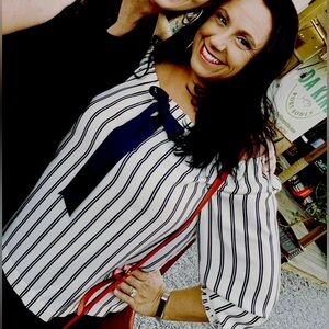 Cream and navy off the shoulder blouse